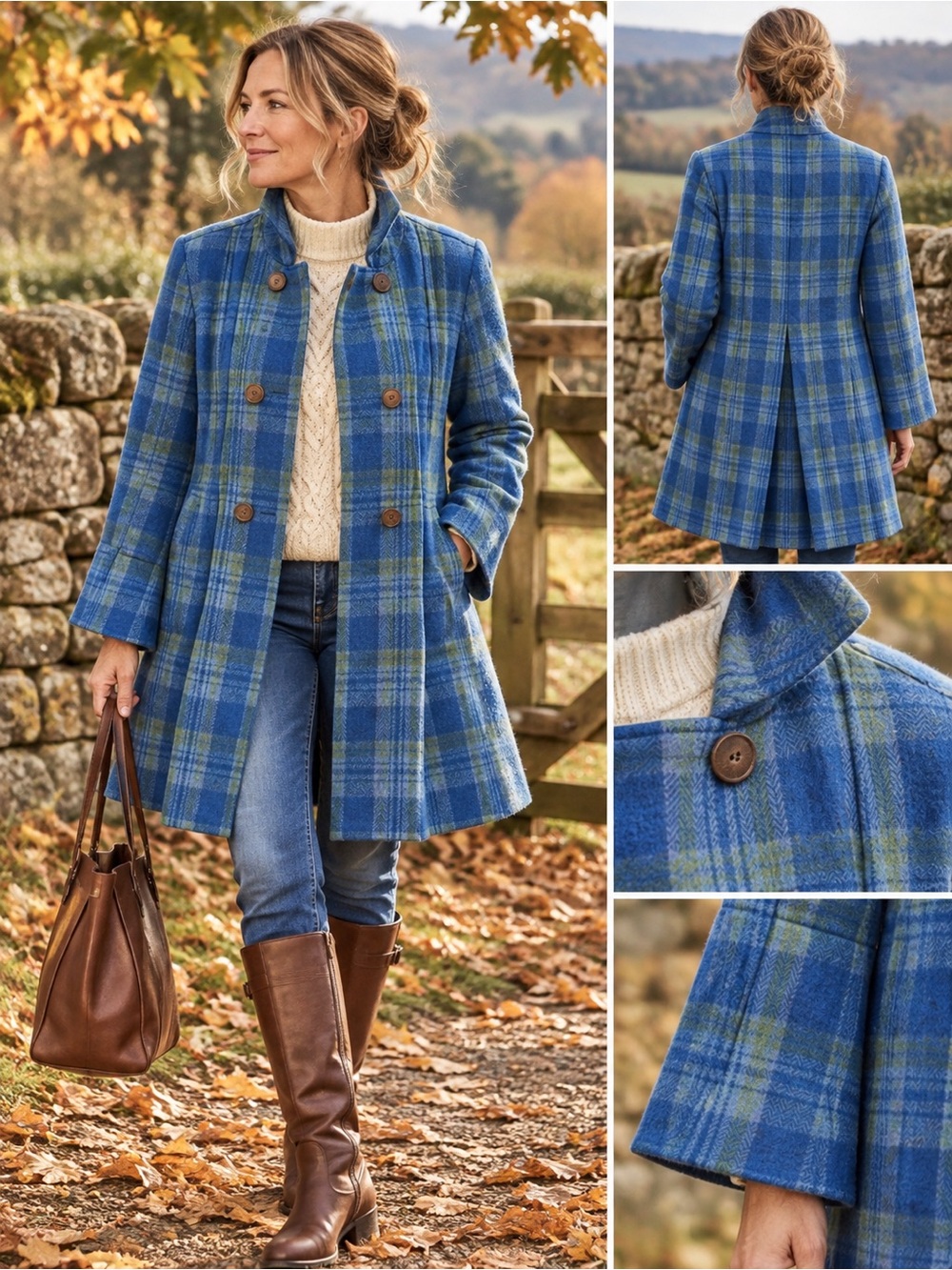 Vintage Y2K April Cornell Wool Blend Blue Plaid Swing Coat Jacket L Cottagecore